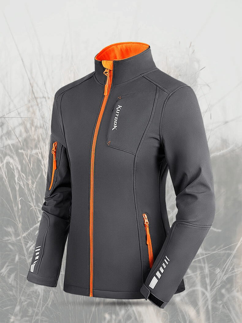 Women's warm windbreaker with zipper, sports thermal jacket in gray and orange, fleece polyester fabric, outdoor wear SF0150.